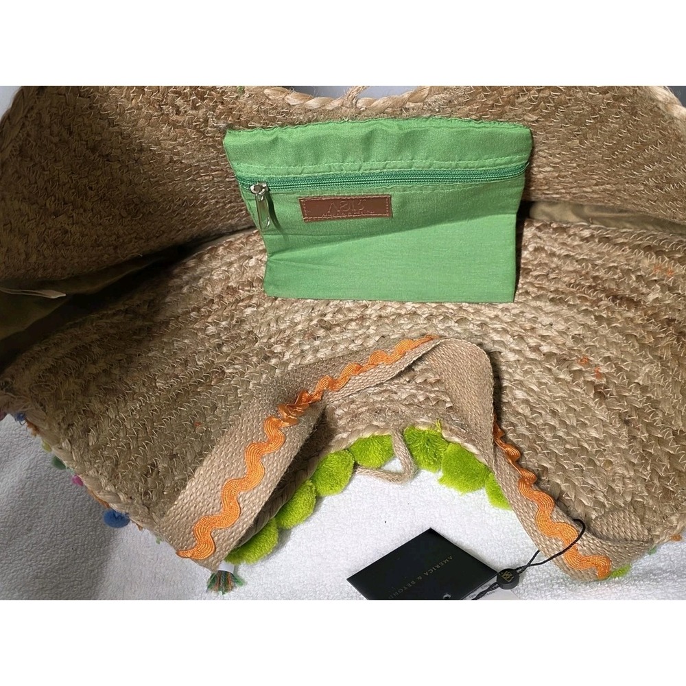 NWT America & Beyond Pom Pom Fiesta Jute Tote Bag Beach Pool - Picture 3 of 9